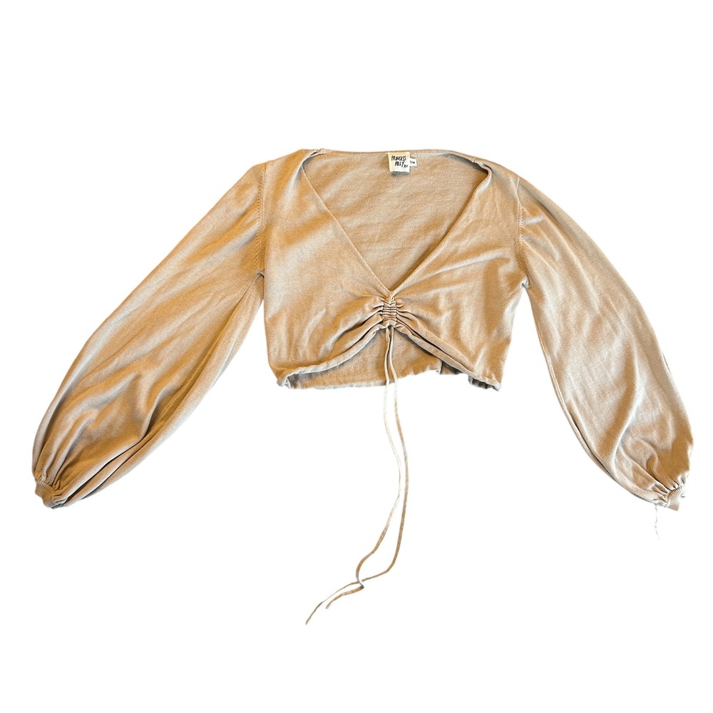 Princess Polly Cropped Drawstring Top Long Sleeve Ruched Front Beige‎ S/M
